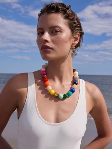 Chunky Beaded Necklaces for Women Statement Necklace | Bold Chunky Choker, Large Resin Beads, Adjustable Necklace, Boho Trendy Summer Beach Holiday Jewelry - color: Colorful-04