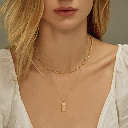 Gold Initial Necklace for Women 14K Gold Plated Figaro Chain Choker Layered Necklaces Set Bar Rectangle Pendant Necklaces Simple Dainty Letter Necklace Everyday Gold Jewelry - style: Letter S