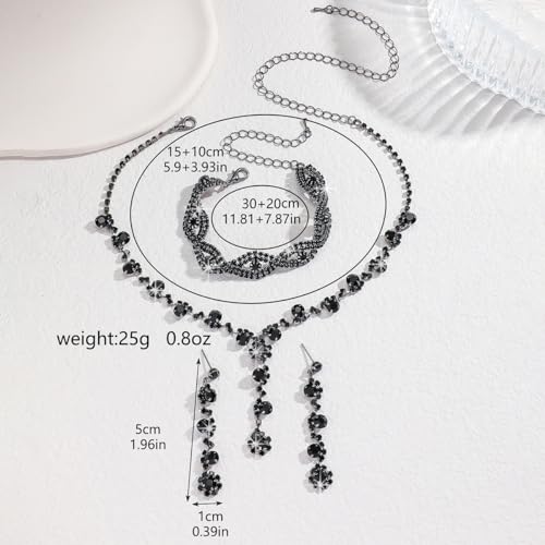 Prom Earrings Necklace Bracelet Set Elegant Crystal Rhinestone Necklace Earrings Bracelet Bridal Wedding Prom Dresses Costume Outfit Gold Jewelry Sets for Women - color: Black B
