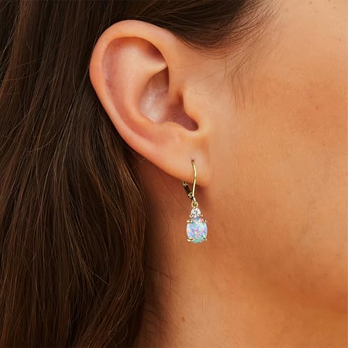 Dainty Opal Earrings for Women Sterling Silver Pear Oval Blue Opal Dangle Earrings Leverback Earrings Gold - color: leverback-gold opal