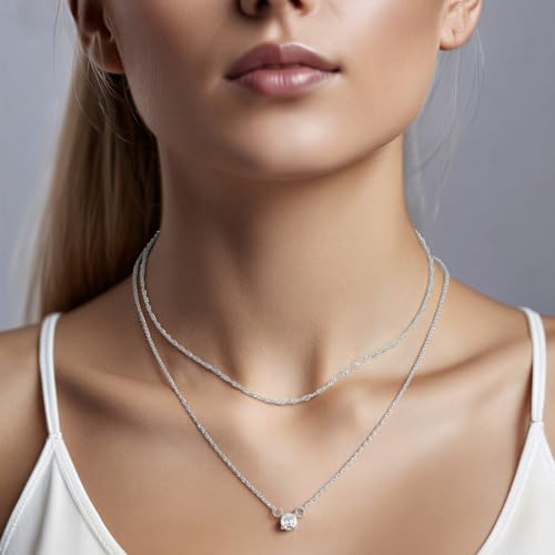 Yowivon Layered Gold Necklaces for Women, Dainty 14K Gold Plated Pendant Necklace, Non Tarnish Cubic Zirconia Stack Choker Necklace, Adjustable Hypoallergenic Trendy Jewelry Gift for Her - style: Silver-Zircon Pendant