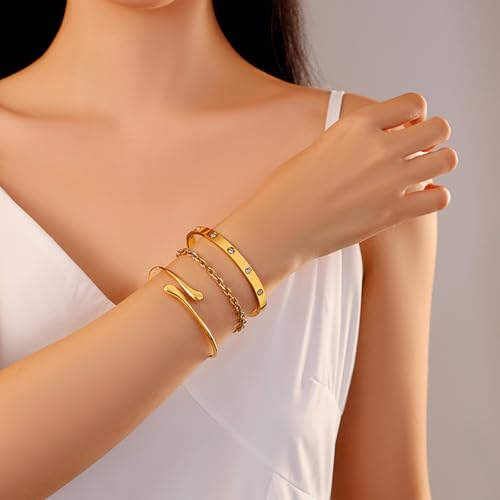 18K Gold Plated Bangle Bracelet Set for women,Cubic Zirconia Classic Stainless Steel Adjustable Gold Tennis Love Bracelets Stack for women and men - color: Water drop bracelet set