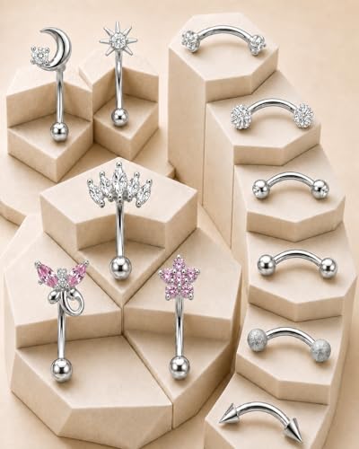 YACHY 11PCS/9PCS 16G Eyebrow Piercing Jewelry for Women Men, Eyebrow Rings Rook Earrings Rook Piercing Jewelry Belly Lip Ring Curved Barbells Eyebrow Piercing Cartilage Daith Helix Tragus Body Piercings - color: 11PCS-8mm-Silver