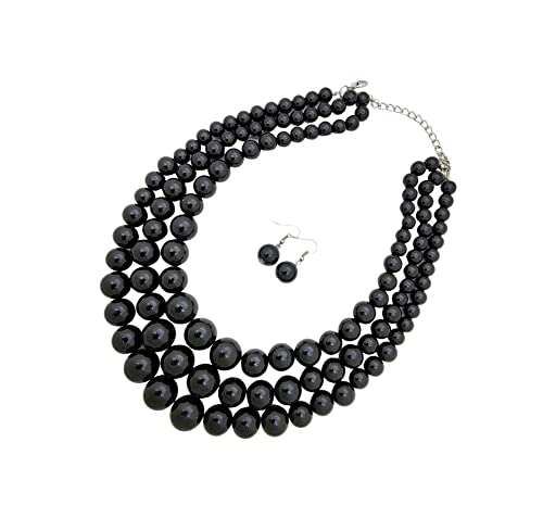 Simulated Pearl Necklace & Earring Set, Multi Strand - color: Black