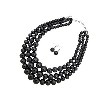Simulated Pearl Necklace & Earring Set, Multi Strand - color: Black