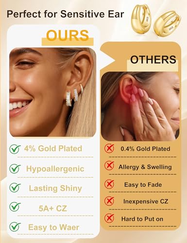 Small Gold Earring Stack Trendy 925 Sterling Silver Earrings for Women Hypoallergenic 14K Gold Plated Cubic Zirconia Stud Hoop Non Tarnish Huggie Hoop Earrings Set for Multiple Piercing Jewelry Gift - style: Gold: 3 Pairs of Shiny CZ Hoops