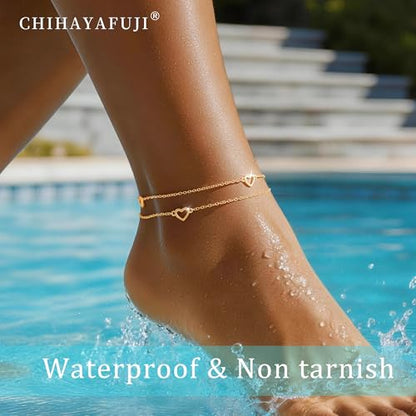 Sterling Silver Ankle Bracelets for Women 14k Gold Waterproof Layered Stackable Non Tarnish Dainty Heart Charm Large Adjustable Anklet for Summer Beach Jewelry Gift - color: goldD
