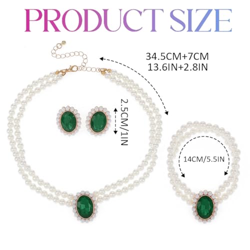 Brishow Pearl Necklace Jewelry Set Wedding Pearls Earrings Necklaces Set Bridal Crystal Bracelet Jewelry for Women (Pack of 3) - color: Green, size: 2 Layered