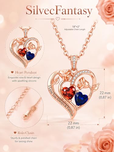 Double Birthstone Necklace for Women Rose Gold Heart Pendant | Flower Necklace Romantic Jewelry Anniversary Wedding Engagement Birthday Gifts for Women Wife Mom 18"+2" adjustable Chain