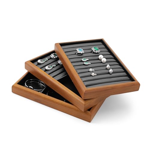 Oirlv Black Wood Jewelry Tray 6-Compartment | Black Solid Wood Frame, Soft Leather Lining, 9.84X17X1.18in, Holds Rings/Earrings/Bracelets, Sturdy and Attractive - color: Black, size: 6 grid