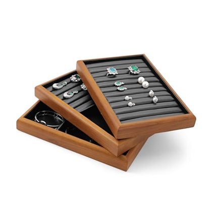 Oirlv Black Wood Jewelry Tray 6-Compartment | Black Solid Wood Frame, Soft Leather Lining, 9.84X17X1.18in, Holds Rings/Earrings/Bracelets, Sturdy and Attractive - color: Black, size: 6 grid