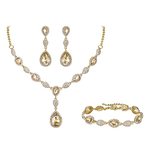 EleQueen Women's Wedding Bridal Jewelry Sets for Brides Bridesmaids, Cubic Zirconia Teardrop Necklace Tennis Bracelet Dangle Earrings Jewellery Set - color: 14-Brown Gold-Tone