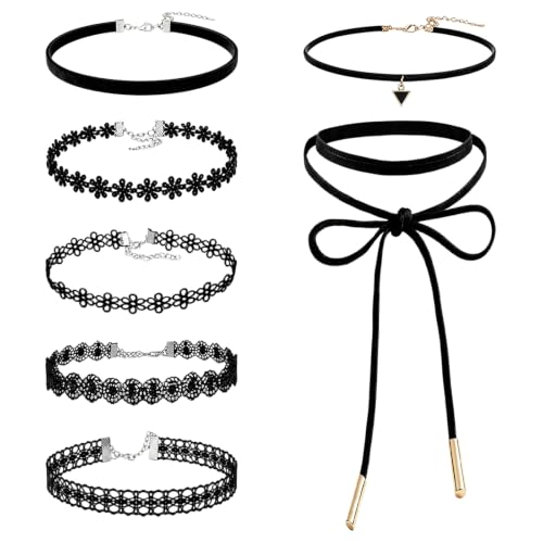 7 Pcs Black Velvet Choker Set - Gothic Tattoo Lace Choker Necklaces, Adjustable Retro Chokers Jewelry for Women Party Cosplay Christmas Birthday