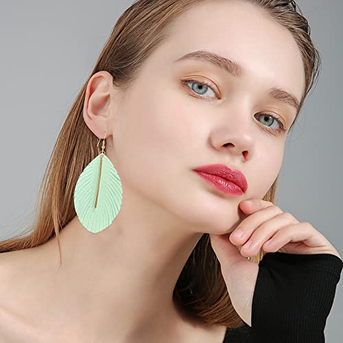GBAHFY Feather Leather Layered Fringe Earrings for Women Boho Genuine Lightweight Leather Leaf Tassel Dangle Statement Earrings with Metal Bar - color: Light Green