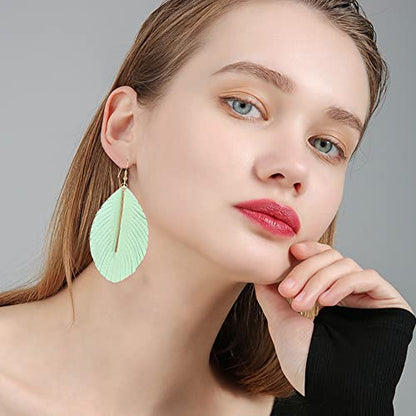 GBAHFY Feather Leather Layered Fringe Earrings for Women Boho Genuine Lightweight Leather Leaf Tassel Dangle Statement Earrings with Metal Bar - color: Light Green