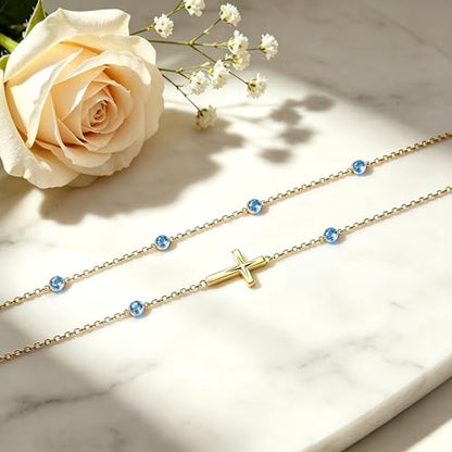 Midari 18K Yellow Gold Gemstone Birthstone Anklet Bracelet Cross Jewelry with 12 Months Birthstone Birthday Gifts for Women Wife Her Daughter Mom - color: 12-Dec-Topaz, size: Bracelet 7"-9"