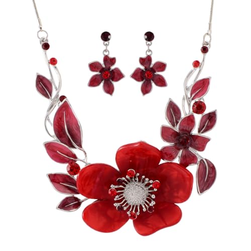 Chunky Statement Jewelry Set Vintage Retro Leaf Flower Floral Geometric Bohemian Boho Bib Necklace Earring Set Fashion Costume Jewelry for Women Girls Wedding Party Prom Unique Gift - style: flower leaf-red