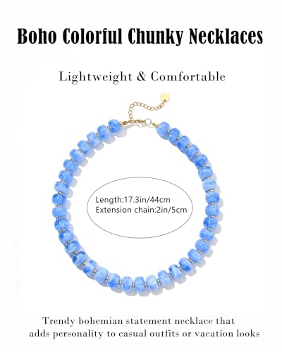 Boho Colorful Chunky Beaded Necklace for Women Trendy Resin Statement Choker Necklaces Summer Beach Style Womens Vacation Fashion Jewelry Gifts Accessories - color: Blue