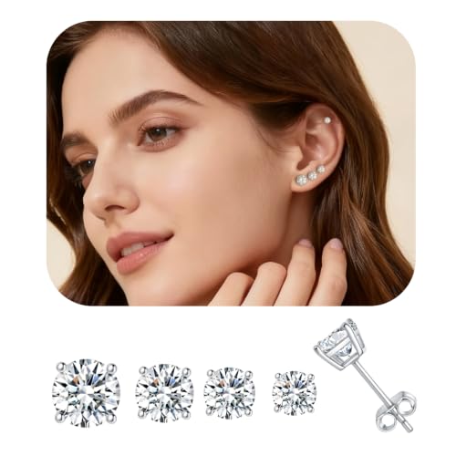 Gold Stud Earring Set for Women Men, Round CZ Earrings Hypoallergenic | 925 Silver Post , 4 Holes Small Studs Earrings Multiple Piercing Cartilage Tragus Trendy Post Cute Earrings Stacks Jewelry - color: White gold