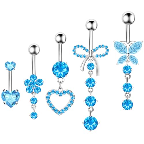 BSJ4U Belly Button Ring Dangle Navel Belly Piercing Jewelry Cute Pink CZ Heart Butterfly Bow Flower Navel Belly Rings for Women 14G Silver Stainless Steel Dainty Dangly Dangling Belly Button Piercing - color: Blue CZ Belly Button Rings