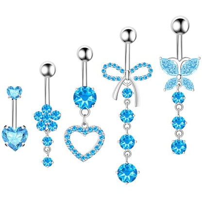 BSJ4U Belly Button Ring Dangle Navel Belly Piercing Jewelry Cute Pink CZ Heart Butterfly Bow Flower Navel Belly Rings for Women 14G Silver Stainless Steel Dainty Dangly Dangling Belly Button Piercing - color: Blue CZ Belly Button Rings
