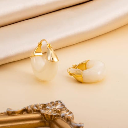 LAXPICOL Gold Chunky Dangle Earrings For Women Resin Stone Earrings Hoop Earrings, 18k Plated Oval Resin Stone Statement Earrings for Women Unique Dangling Teardrop Baroque Huggies Hoop Earrings - color: white-Teardrop 2