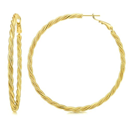 AllenCOCO Gold Hoop Earrings for Women, 18K Gold Plated Twisted Rope Design, Textured Thin Round Hoops with Sterling Silver Post Hypoallergenic 20-70mm - size: 70mm