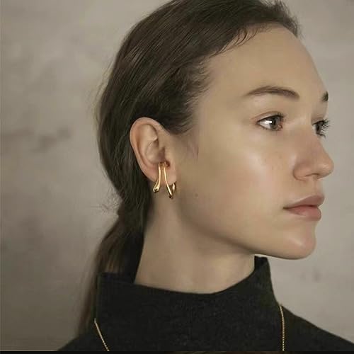 Minimalist Double Line Teardrop Cuff Wrap Clip on Earrings for Women Non Pierced Ear Unique Design 14K Gold Plated Silver Fake Hoop Hypoallergenic Fashion Trendy Jewelry - color: gold