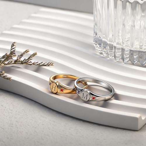 S925 Sterling Silver Personalized Initial Signet Ring Customized Letter With Birthstones Band Engraved Stacking Rings for Mother Daughter Wife Birthday Wedding Engagement Promise Ring - color: Style 1