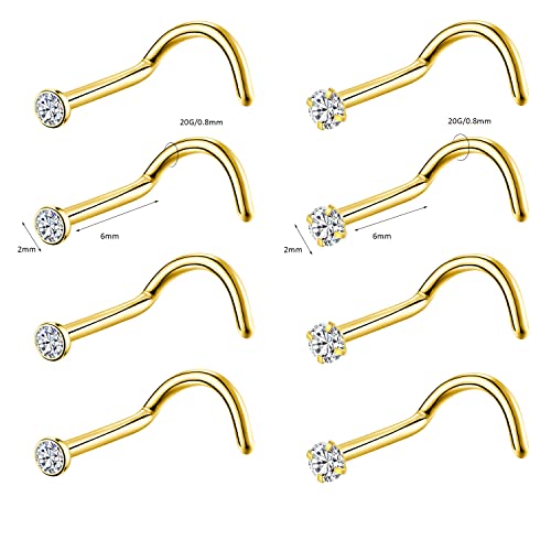 8PCS G23 Titanium Twist Screw Nose Studs 18G 20G Nose Rings 2mm 2.5mm 3mm Clear Pink Purple Aurora CZ Gold Nose Piercing Studs Nostril for Women Men - style: 20g gold clear cz 2mm