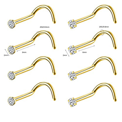 8PCS G23 Titanium Twist Screw Nose Studs 18G 20G Nose Rings 2mm 2.5mm 3mm Clear Pink Purple Aurora CZ Gold Nose Piercing Studs Nostril for Women Men - style: 20g gold clear cz 2mm