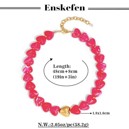 Chunky Beaded Necklace for Women Trendy Multicolor Resin Beads Choker Necklaces Boho Summer Statement Necklace Chunky Heart Jewelry - color: Heart necklace-rose red