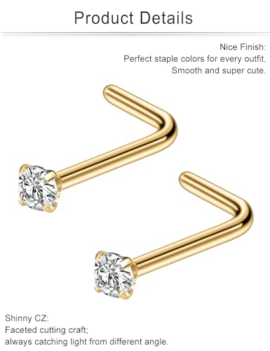 Cisyozi 18G Nose Rings Studs Hypoallergenic Nose Piercings 316L Surgical Steel Silver Nose Rings Set L Shaped Nose Nostril Piercing Jewelry for Women Men Diamond CZ 1.5mm 2mm 2.5mm 3mm 3.5mm 4mm - color: 18G - Gold- CZ 2mm