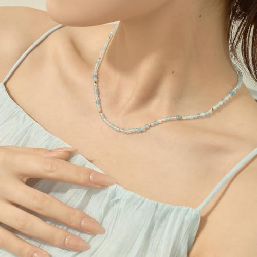ARSIS Genuine Beaded Gemstone Necklace for Women, Colorful Natural Stone Handmade Bead Choker, Personalized Birthstone Necklace, Boho Summer Beach Necklace Layering Stackable Jewelry Gift - color: Aquamarine (March)