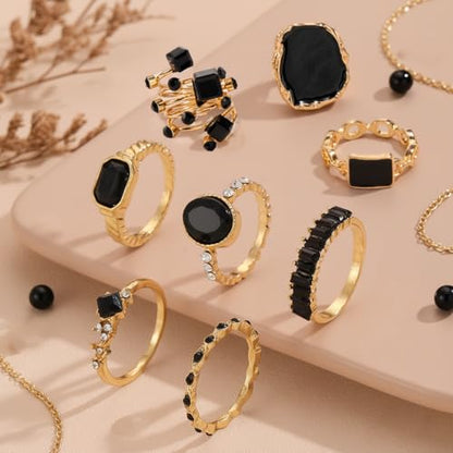 Chunky Gold Rings for Women Non Tarnish, Baroque Pearl Flower Tiger's Eye Stone Rings Adjustable Stacking Statement Rings Set Fashion Jewelry Gifts - style: All Black Set