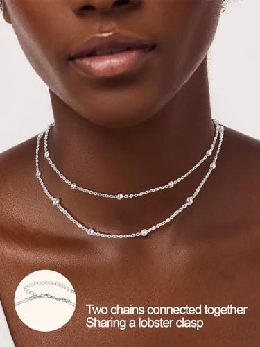 FOCALOOK Choker Necklace for Women, Double Layered Boho Beaded Choker Chain | Dainty 14K Gold Plated/Silver/Black Metal, Simple Small Satellite Beaded Chain Necklace, Hypoallergenic for Everyday Wear - color: 01.2-Layered Satellite Beads-Silver
