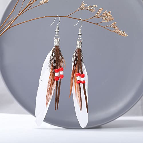 Boho Colorful Feather Dangle Earrings Handmade Beads Taseel Fashion Earrings for Women - color: White