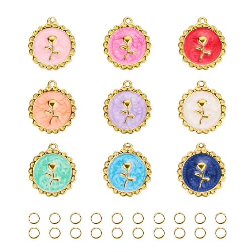9pcs Gold Plated Stainless Steel Jewelry Making Charms, Assorted Enamel Charm Pendants for DIY Necklace Bracelet Earring Craft Supplies - color: Round Rose
