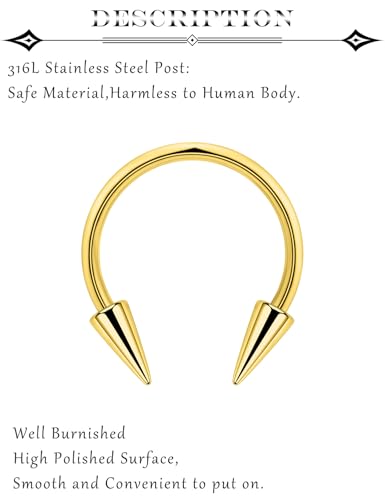 Long Spike Septum Rings 16G Surgical Steel Snake Bite Jewelry Lip Rings Smiley Piercing Jewelry for Women Men 6mm/8mm/10mm/12mm - color: gold-tone,8pcs,16g,Dia.6-12mm