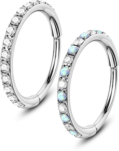 OUFER Turquoise CZ Opal Nose Rings for Women, 316L Surgical Steel 6MM Nose Rings Hoops, Silver Hinged Segment Septum Lip Eyebrow Cartilage Conch Rook Helix Tragus Daith Piercing Jewelry-6/7/8MM - color: Silver, Opal and CZ