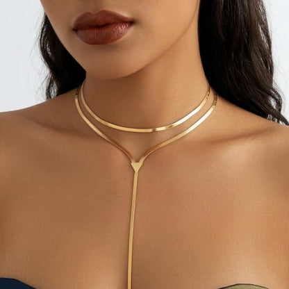 Chunky Gold Choker Necklace for Women, Double Layered Trendy Statement Y Necklace Long Snake Chain Drop Silver Necklaces Tassel Charm Prom Jewelry Accessories Gifts - color: 18K Gold