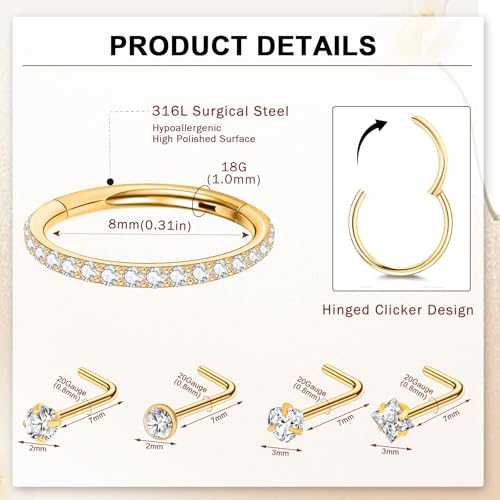 23-40 Pcs Gold Nose Rings & Studs - 18G & 20G Nose Piercing Jewelry - L Shape, Hoop & Screw Body Jewelry for Women & Men - color: Gold-20G-5Pcs