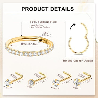 23-40 Pcs Gold Nose Rings & Studs - 18G & 20G Nose Piercing Jewelry - L Shape, Hoop & Screw Body Jewelry for Women & Men - color: Gold-20G-5Pcs