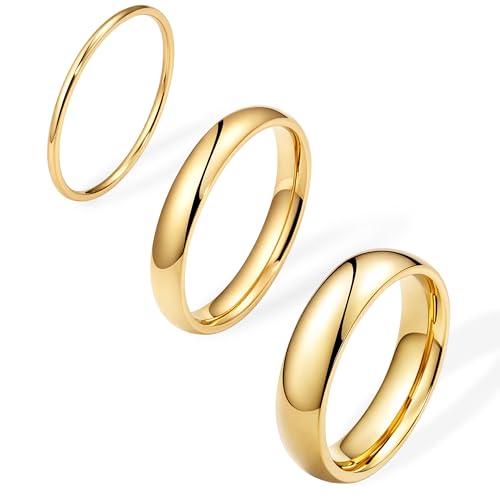 Gold Band Rings for Women Men Non Tarnish, Wedding 14K Gold Plated Stackable Ring Set for Couples, Dainty Thin Plain Simple Promise Dome Band Thumb Pinky 1mm 3mm 5mm Jewelry Gift Comfort Fit Size 3-13 - color: Gold-1mm 3mm 5mm, size: 8