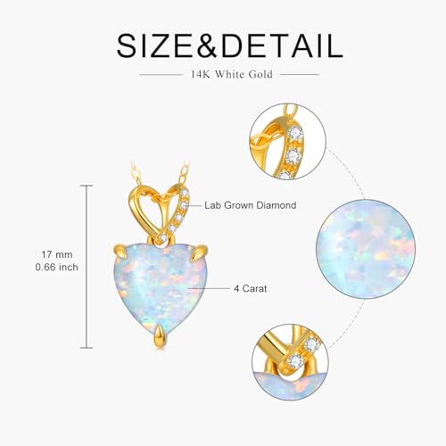 14K Gold Love Heart Necklace with Diamond for Women 4 Carat Heart Shaped Opal Pendant Necklace Dainty Jewelry Gift for Christmas Valentine's Day