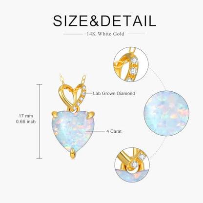 14K Gold Love Heart Necklace with Diamond for Women 4 Carat Heart Shaped Opal Pendant Necklace Dainty Jewelry Gift for Christmas Valentine's Day