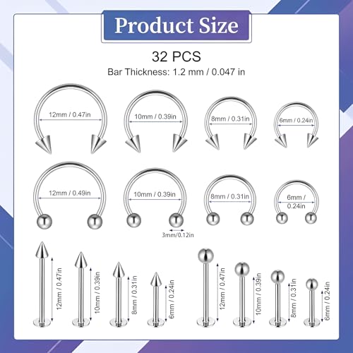 32 Pcs Horseshoe Septum Nose Lip Rings Labret Jewelry Barbell Ring Snake Bite Spike Piercing Stud Stainless Steel Vertical Helix Earring Daith Tragus Cartilage Studs for Women Men, 16G