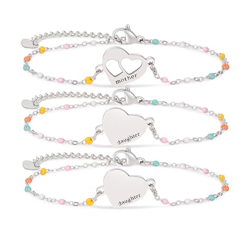 DS Mother Daughter Matching Bracelets,Adjustable Stainless Steel Gift Set | mother’s Day & Birthday Gift Box,Heart Charm,Mommy & Me Style,18K Gold Plated,Hypoallergenic,Daily Wear,Fits Women Teen Girls - color: Silver-2