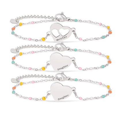 DS Mother Daughter Matching Bracelets,Adjustable Stainless Steel Gift Set | mother’s Day & Birthday Gift Box,Heart Charm,Mommy & Me Style,18K Gold Plated,Hypoallergenic,Daily Wear,Fits Women Teen Girls - color: Silver-2