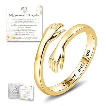 Sterling Silver Hug Ring for Women Teen Girls Adjustable Love Promise Ring Inspirational Open Rings Mothers Day Birthday Gift for Daughter Granddaughter Mom Wife Best Friend - color: 18K Gold / Daughter Gift (Always with you)